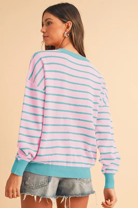 Stripe Round Neck Drop Shoulder Loose Sweater