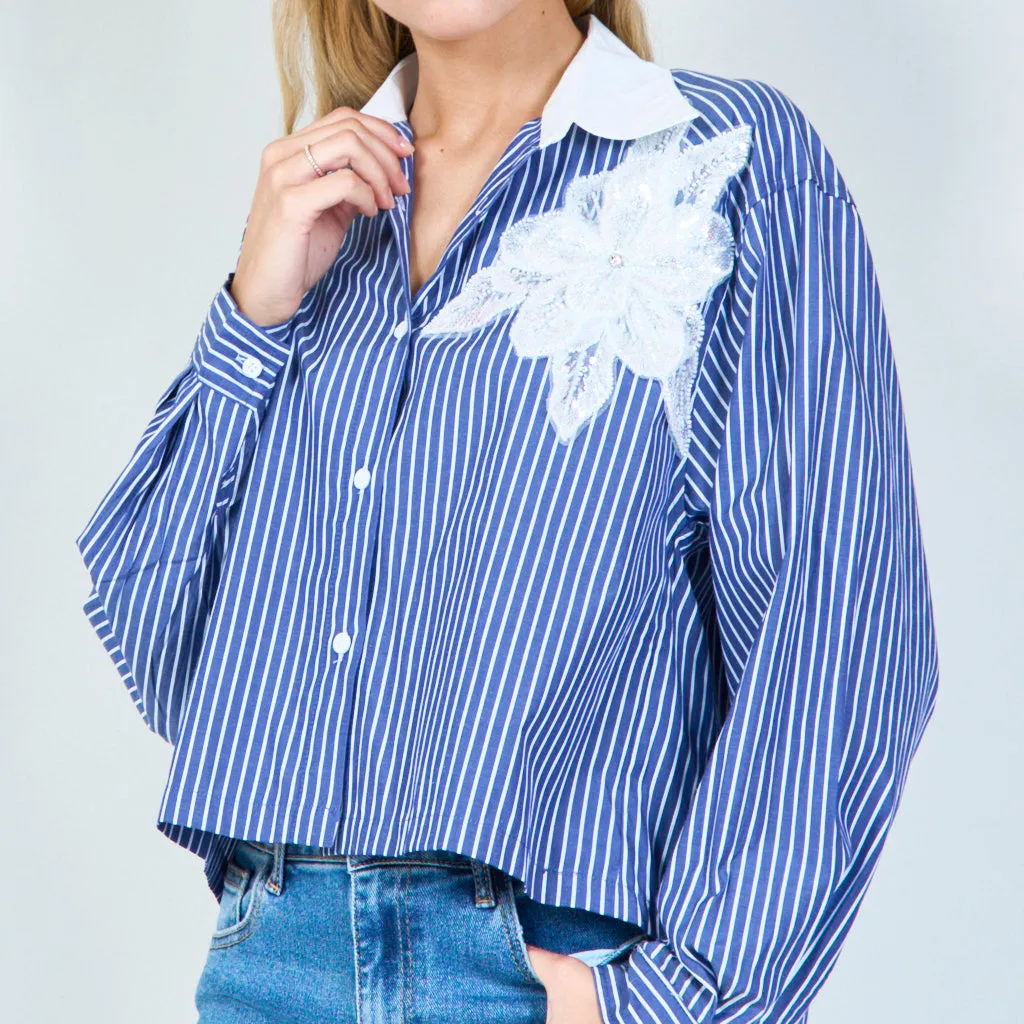 Striped button-up shirt with floral embellishment wholesale