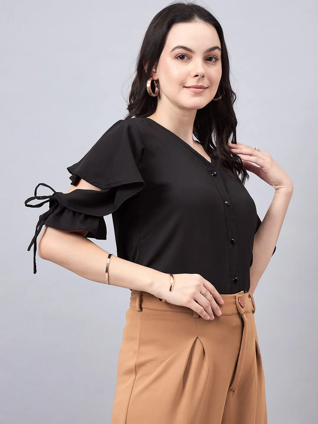 Style Quotient Women Solid White Polymoss Regular Fit Formal Flutter Sleeve Shirt