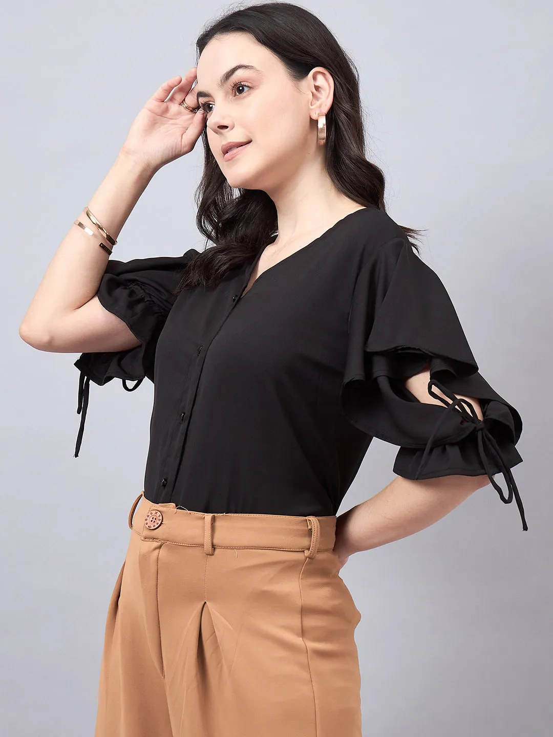 Style Quotient Women Solid White Polymoss Regular Fit Formal Flutter Sleeve Shirt