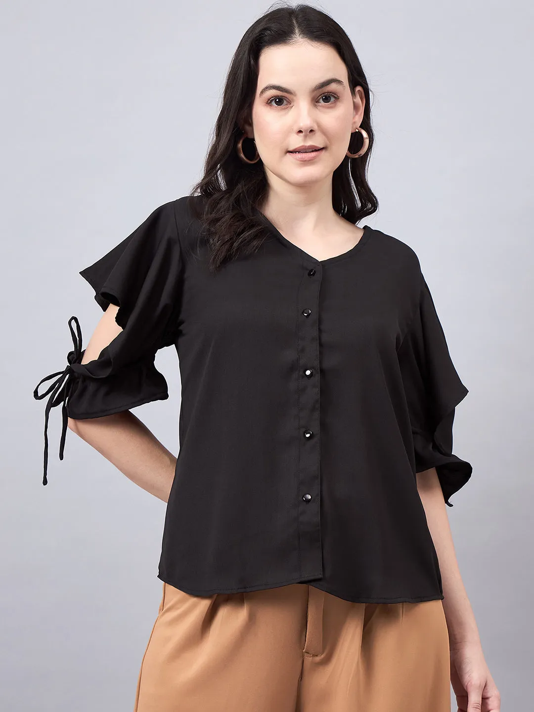 Style Quotient Women Solid White Polymoss Regular Fit Formal Flutter Sleeve Shirt