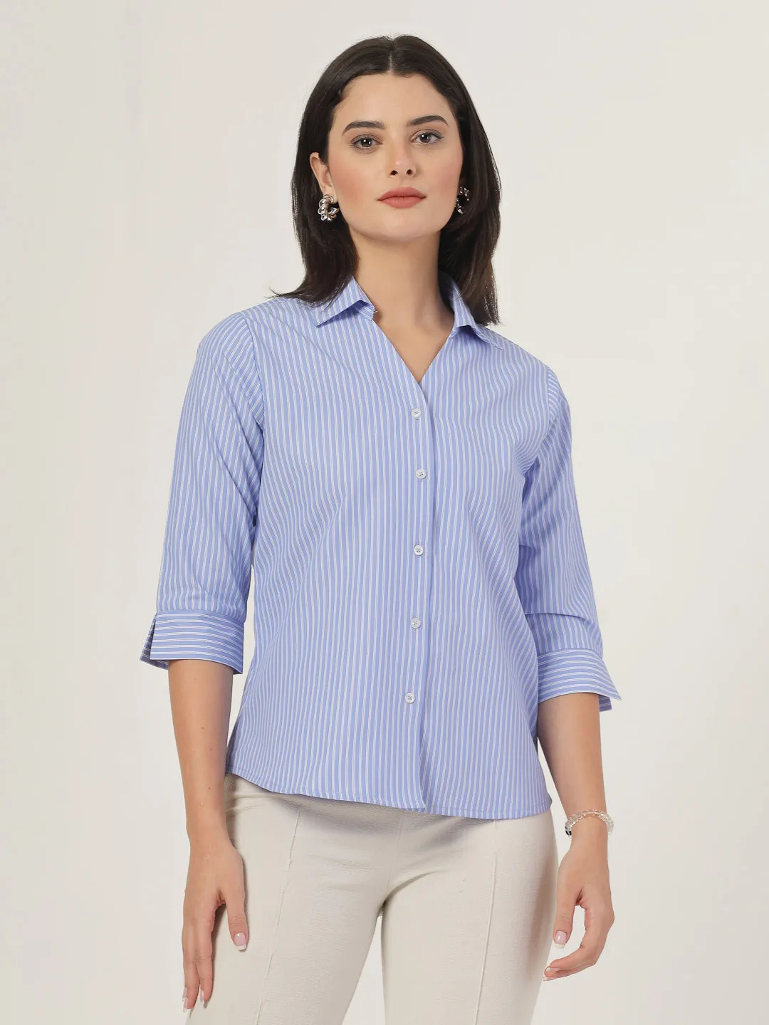 Style Quotient Women Stripe Blue and White Polycotton Formal Shirt