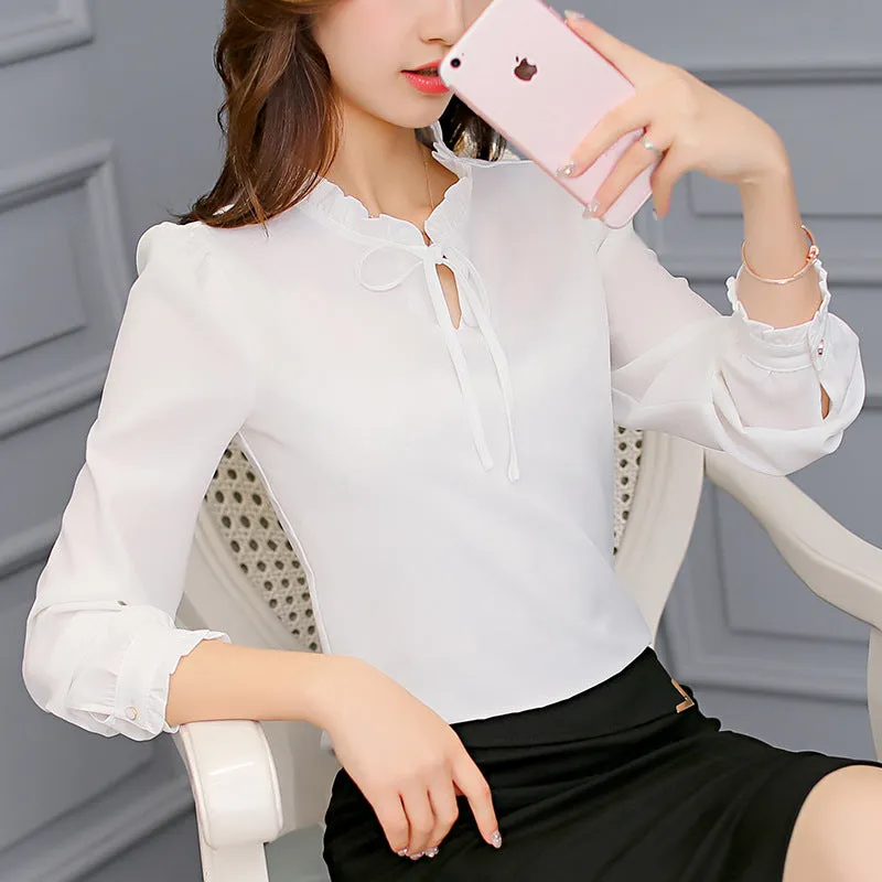 Summer Korean Trendy Slim Look OL Long Sleeved Blouse Tops Shirt Blouse