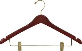 The Great American Hanger Company Curved Wood Combo Hanger w/Adjustable Cushion Clips, Box of 100 17 Inch Wooden Hangers w/Walnut Finish & Brass Swivel Hook & Notches for Shirt Jacket or Dress