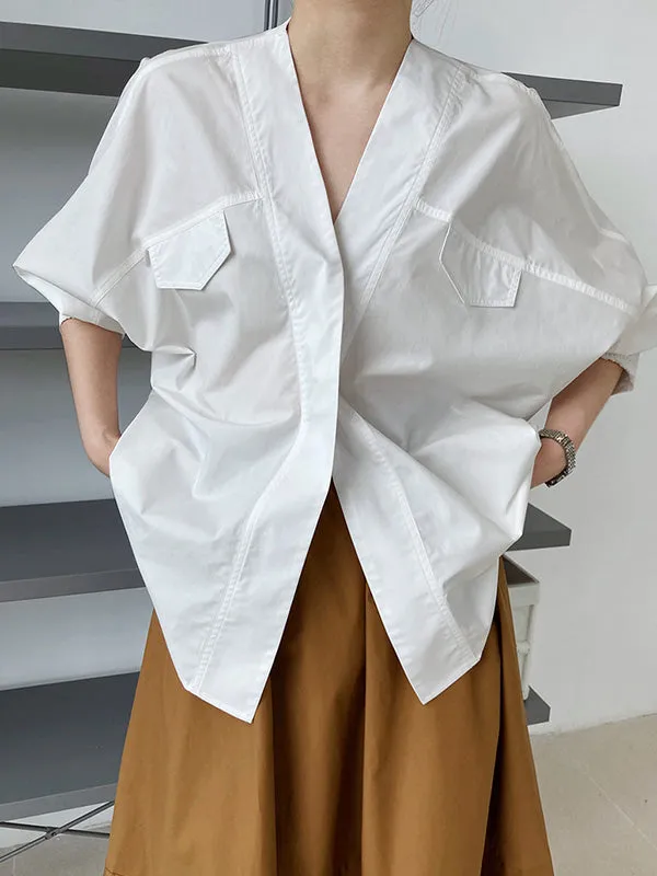 Trendy Batwing Sleeves Solid Color V-Neck Blouses