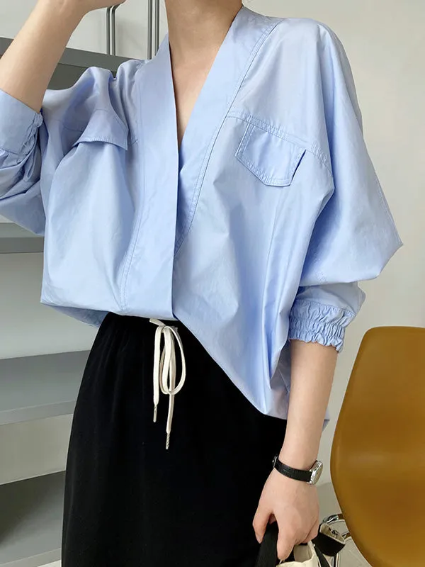 Trendy Batwing Sleeves Solid Color V-Neck Blouses