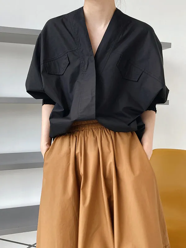 Trendy Batwing Sleeves Solid Color V-Neck Blouses