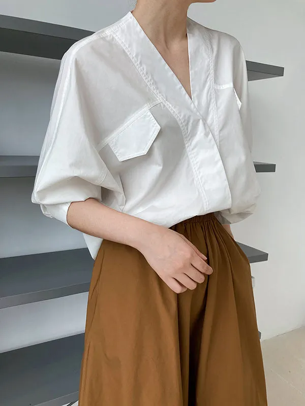 Trendy Batwing Sleeves Solid Color V-Neck Blouses