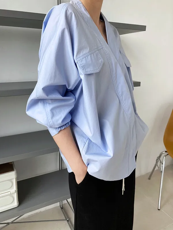 Trendy Batwing Sleeves Solid Color V-Neck Blouses