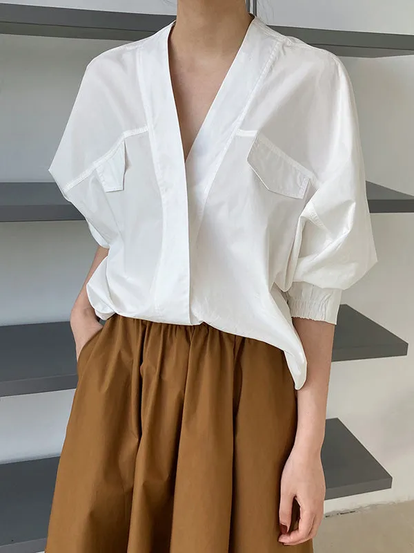 Trendy Batwing Sleeves Solid Color V-Neck Blouses