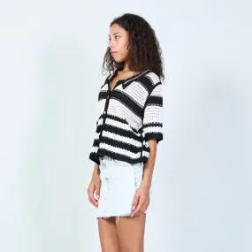 Trendy crochet striped cardigan with collar wholesale