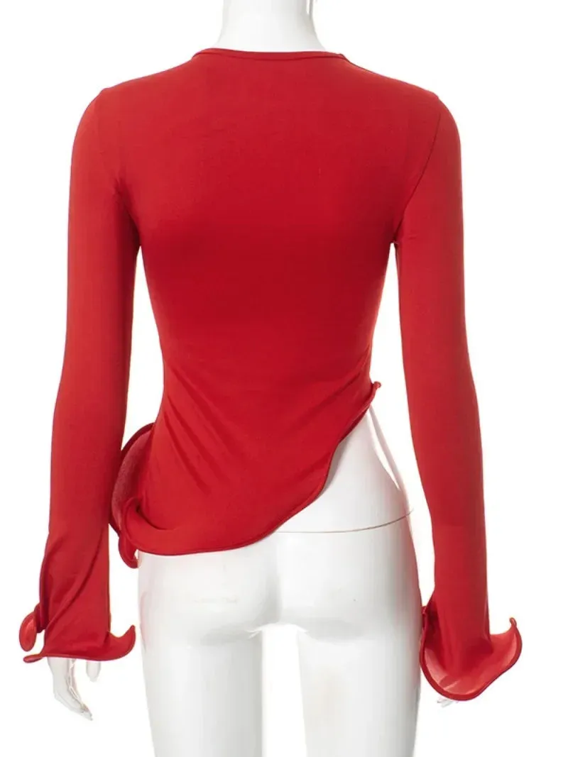 Trendy Flare Sleeve Red Ruffle Crop Blouse