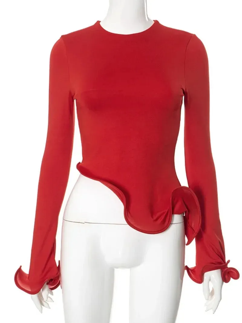 Trendy Flare Sleeve Red Ruffle Crop Blouse