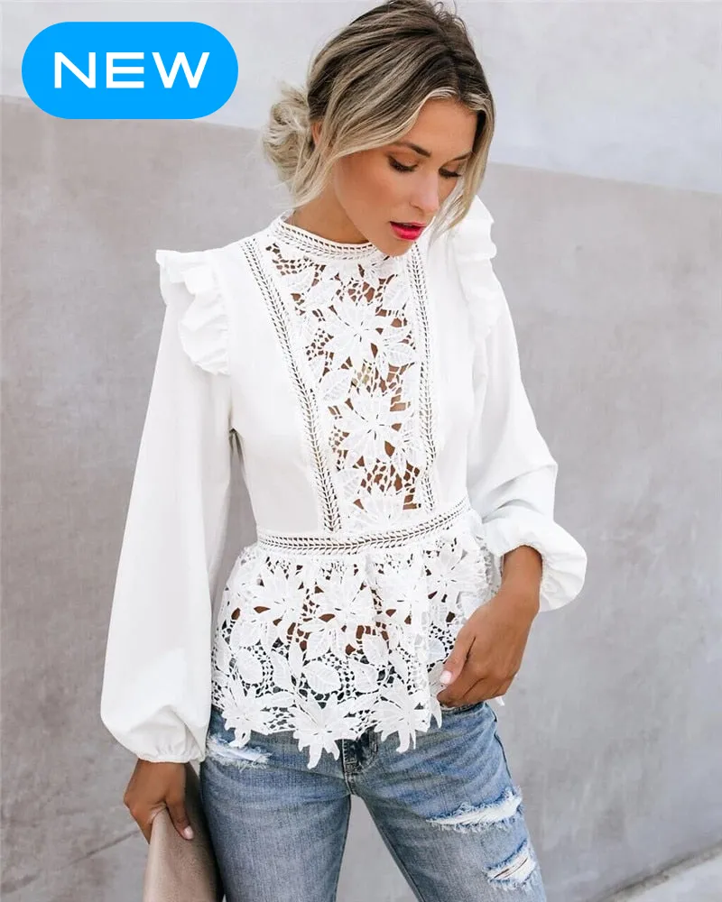 Trendy Floral Lace Hollow White Blouse