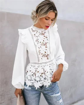 Trendy Floral Lace Hollow White Blouse