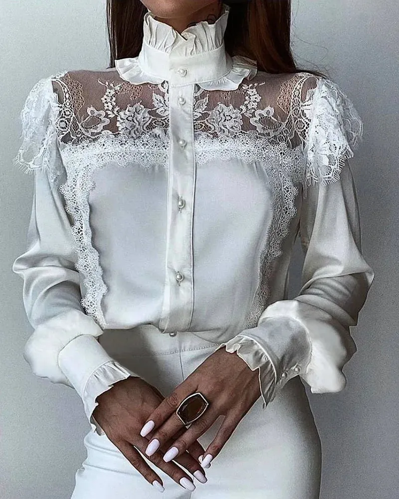 Trendy Lace Mesh Long Lantern Sleeves Stand Collar Blouse