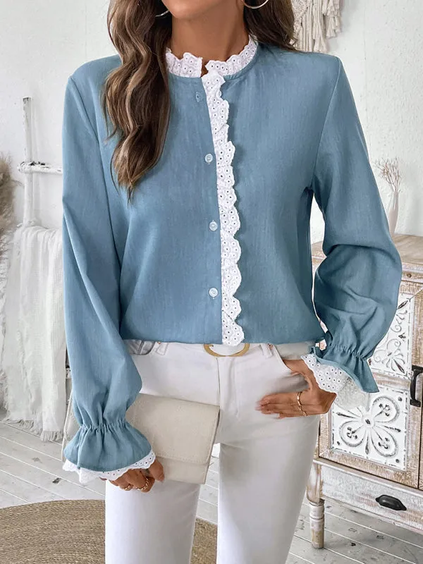 Trendy Lace-Trimmed Long Sleeve Blouse for Women