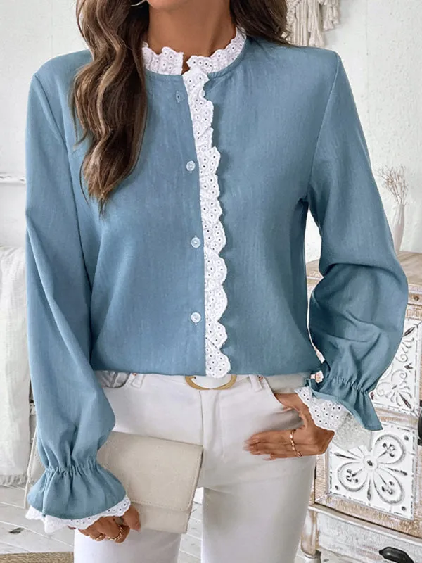 Trendy Lace-Trimmed Long Sleeve Blouse for Women