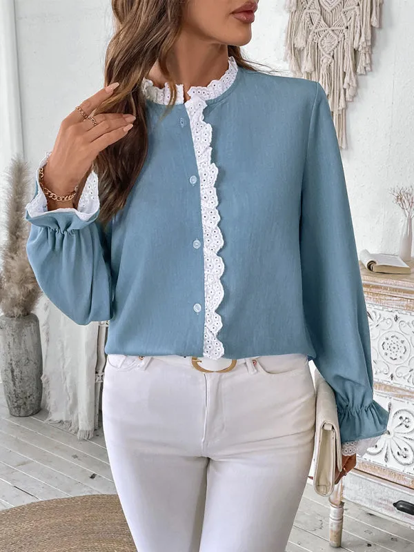 Trendy Lace-Trimmed Long Sleeve Blouse for Women