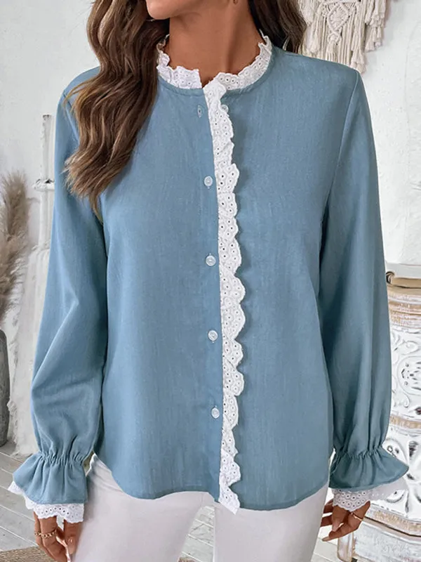 Trendy Lace-Trimmed Long Sleeve Blouse for Women