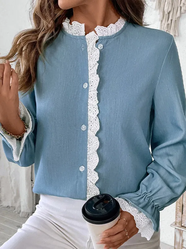 Trendy Lace-Trimmed Long Sleeve Blouse for Women