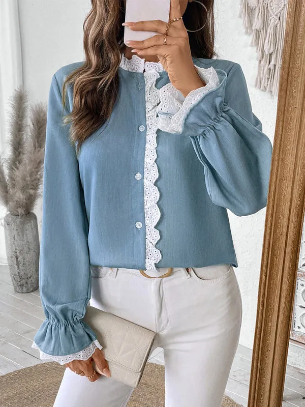 Trendy Lace-Trimmed Long Sleeve Blouse for Women