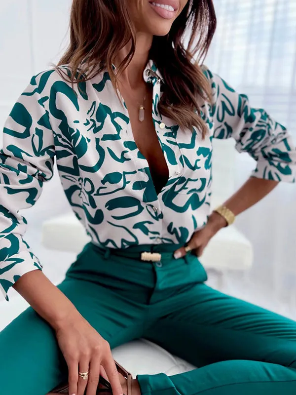 Trendy Long Sleeves Loose Printed Lapel Collar Blouses&Shirts Tops