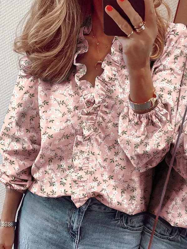 Trendy Puff Sleeves Printed V-Neck Blouses