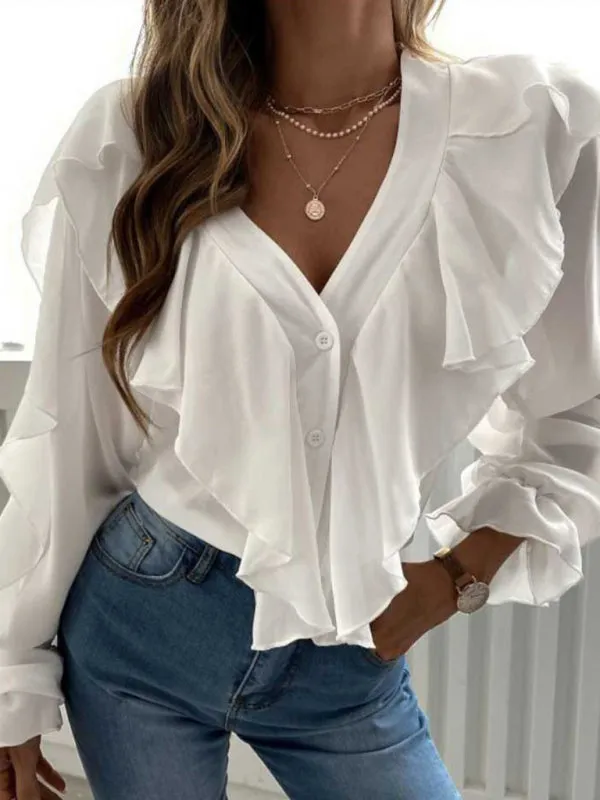 Trendy Ruffle Sleeve V-neck Top for Spring & Summer