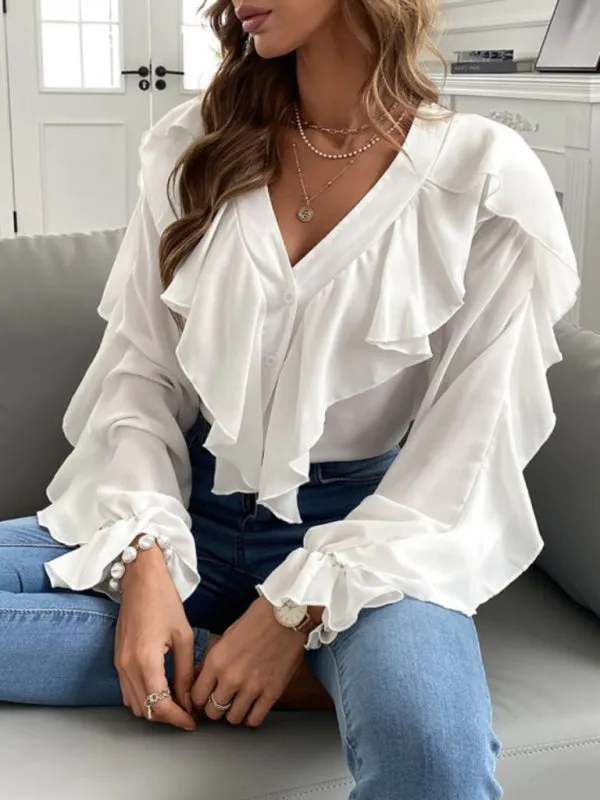 Trendy Ruffle Sleeve V-neck Top for Spring & Summer