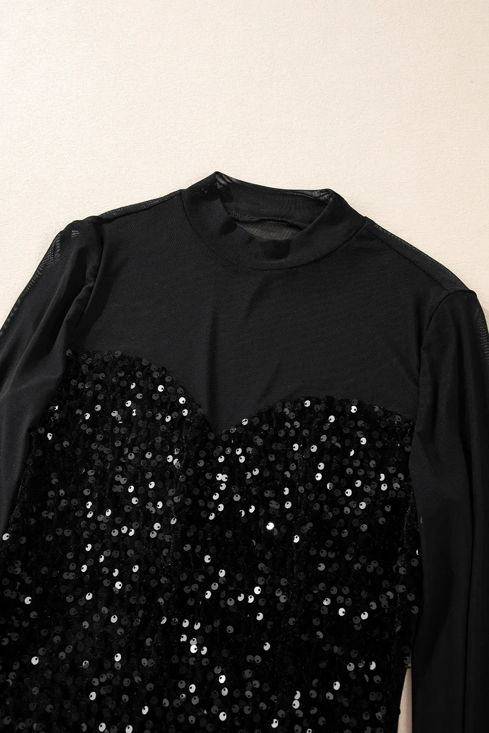 Trendy Sequin Mock Neck Velvet Mesh Party Top