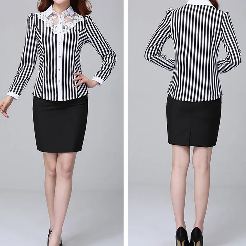 Trendy Striped Lace Polo Blouse