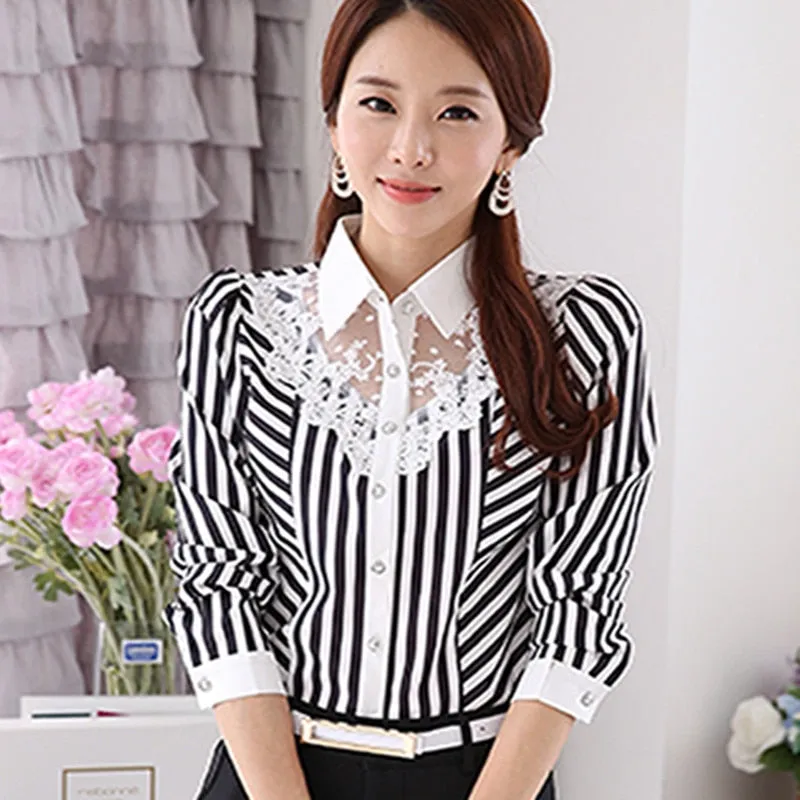 Trendy Striped Lace Polo Blouse