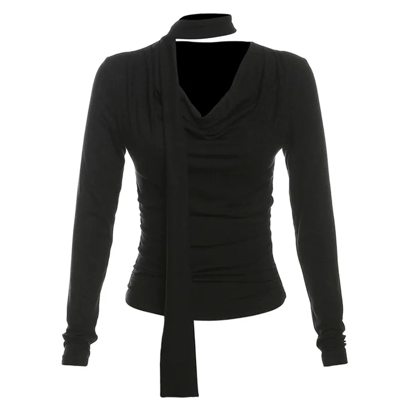 Trendy Swing Collar Long Sleeve Black Blouse