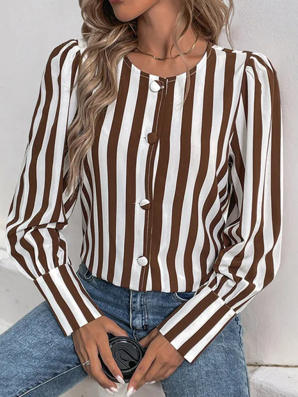 Trendy Vertical Stripe Blouse for Women, Brown & White