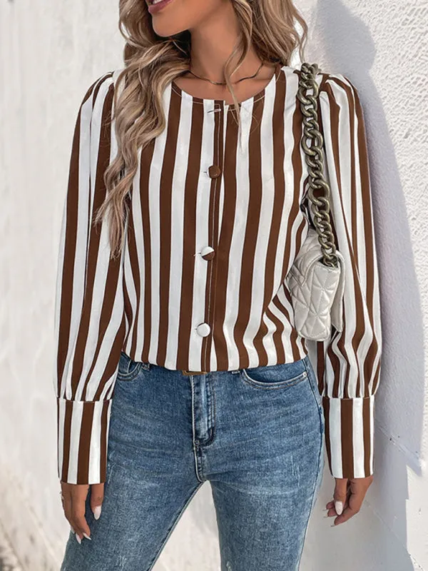 Trendy Vertical Stripe Blouse for Women, Brown & White