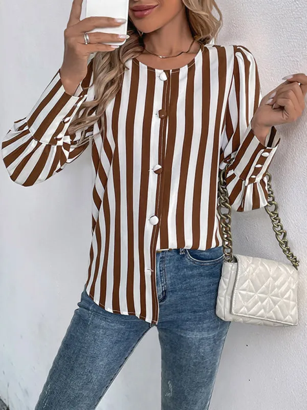 Trendy Vertical Stripe Blouse for Women, Brown & White