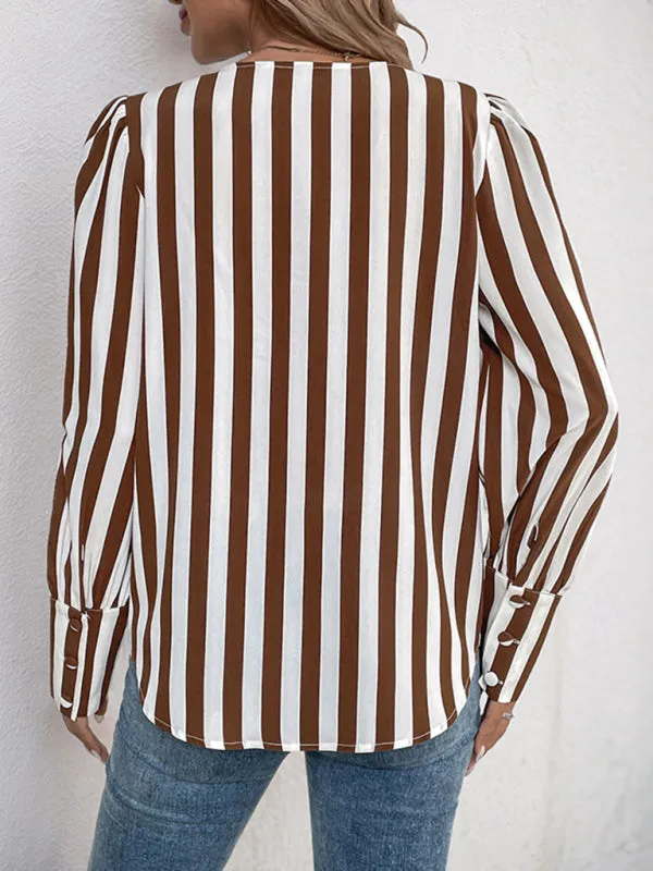 Trendy Vertical Stripe Blouse for Women, Brown & White