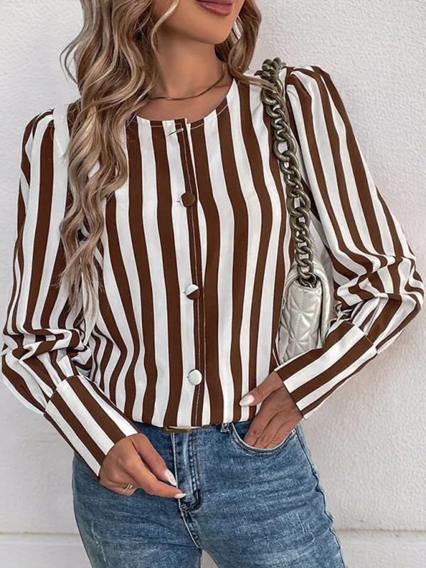 Trendy Vertical Stripe Blouse for Women, Brown & White