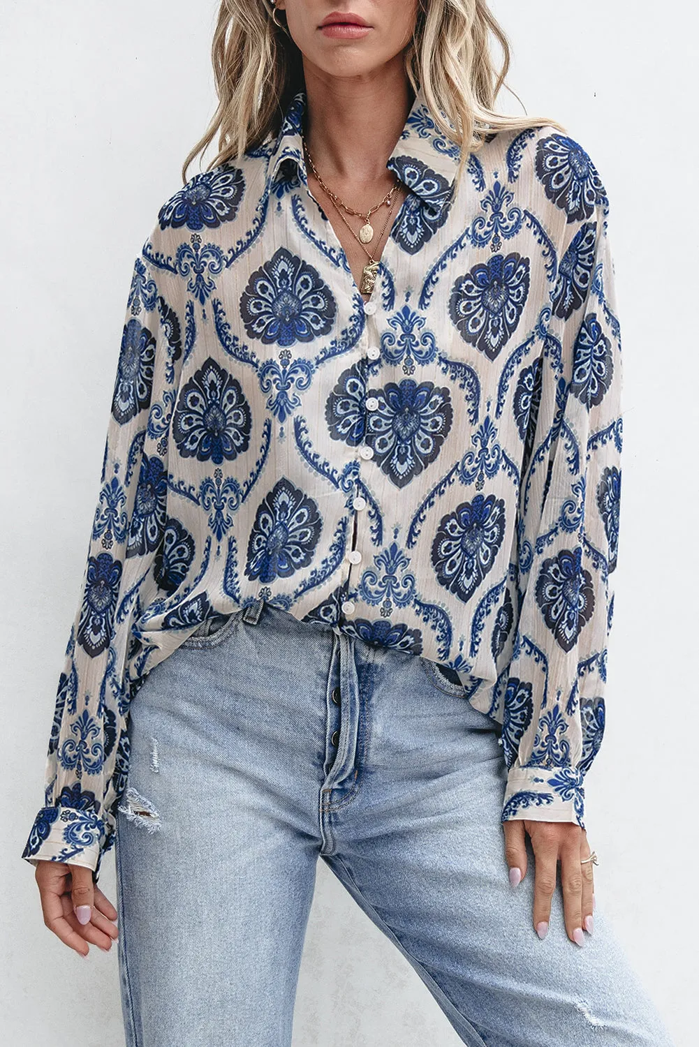 Tribal Pattern Buttoned Front Loose Shirt