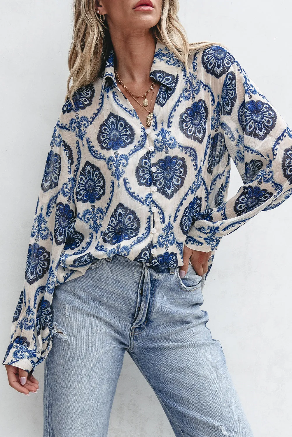 Tribal Pattern Buttoned Front Loose Shirt