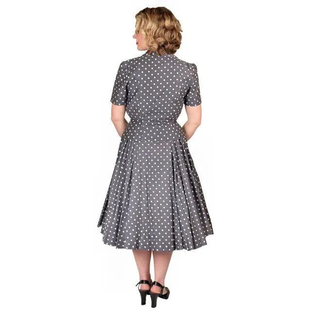 Vintage Gray Cotton Polka Dot Suit w/  Full Skirt 1950S 38-24-Free