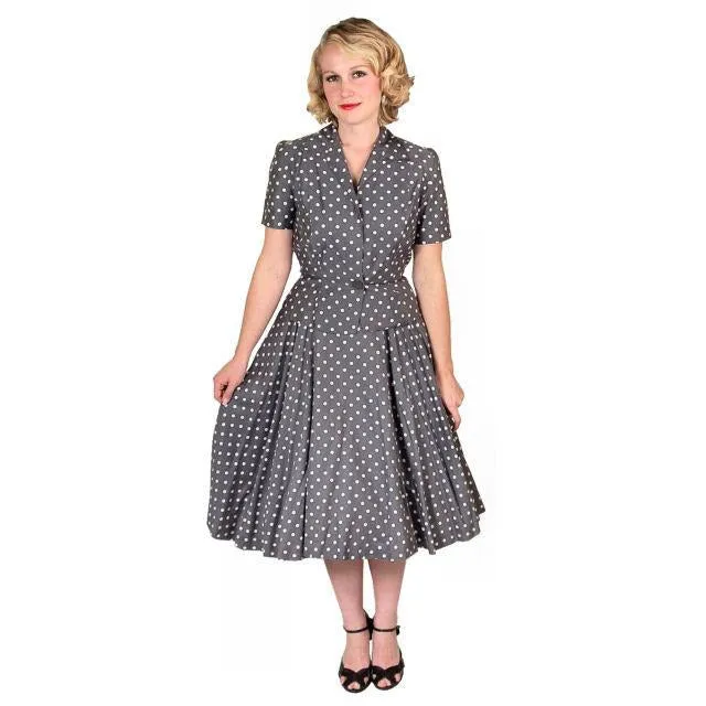 Vintage Gray Cotton Polka Dot Suit w/  Full Skirt 1950S 38-24-Free