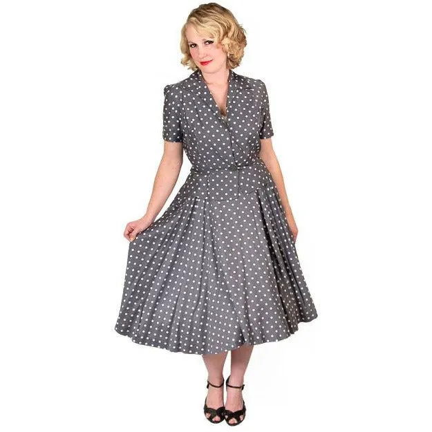 Vintage Gray Cotton Polka Dot Suit w/  Full Skirt 1950S 38-24-Free