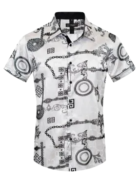 White Men's Graphic Design Short Sleeves Shiny Shirt Satin Material